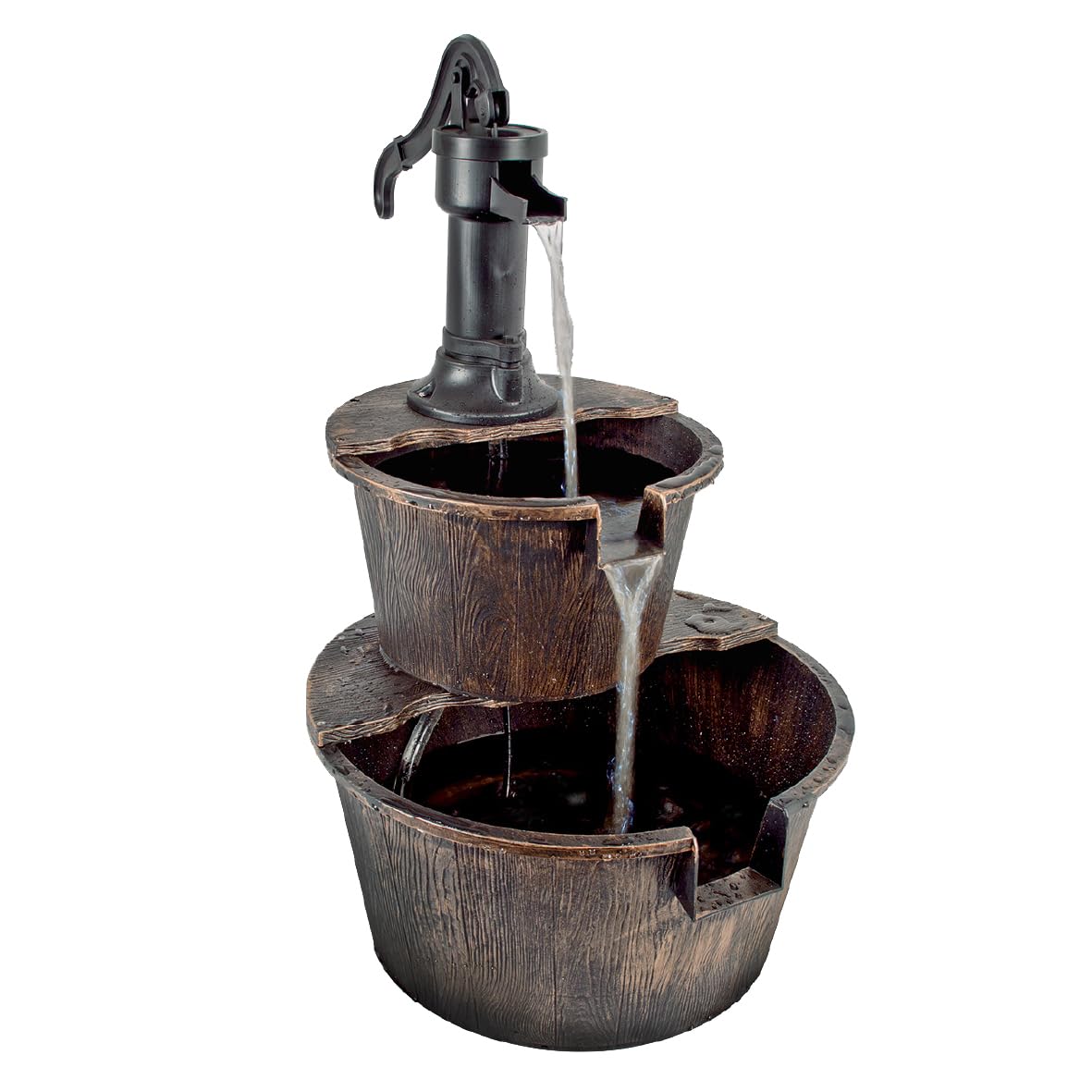 GardenKraft Rustic 2 Tier Garden Water Fountain, Barrel Style Outdoor Water Feature with Built-In Pump, Weatherproof Finish, 67 x 41 cm