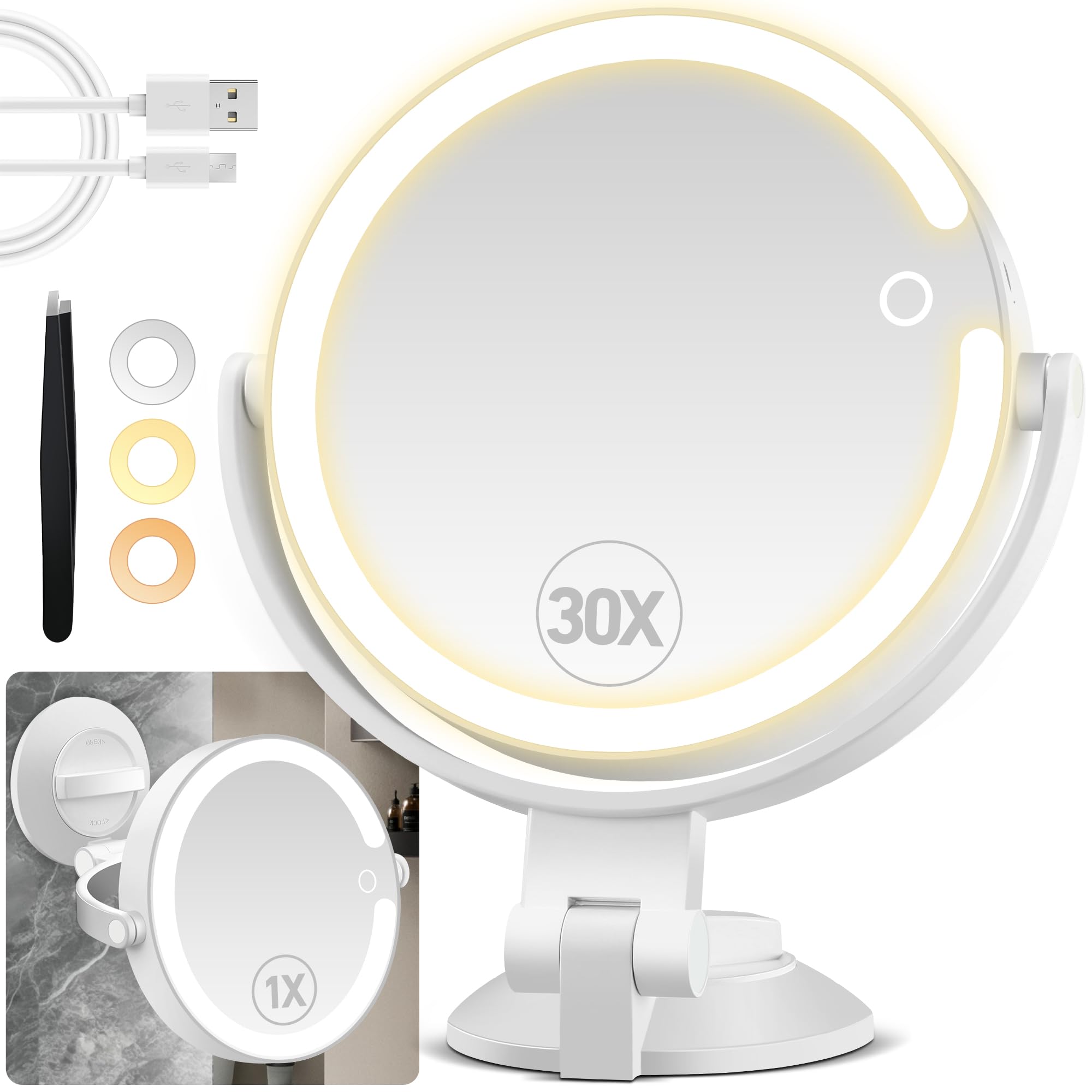 Photo 1 of *MISSING SUCTION** PEDOMIROR 30X/1X Magnifying Mirror, Wall Mounted Makeup Mirror, Shaving Mirror for Bathroom, Detachable for Travel, 3 Color Modes and Adjustable Brightness (7 inch)