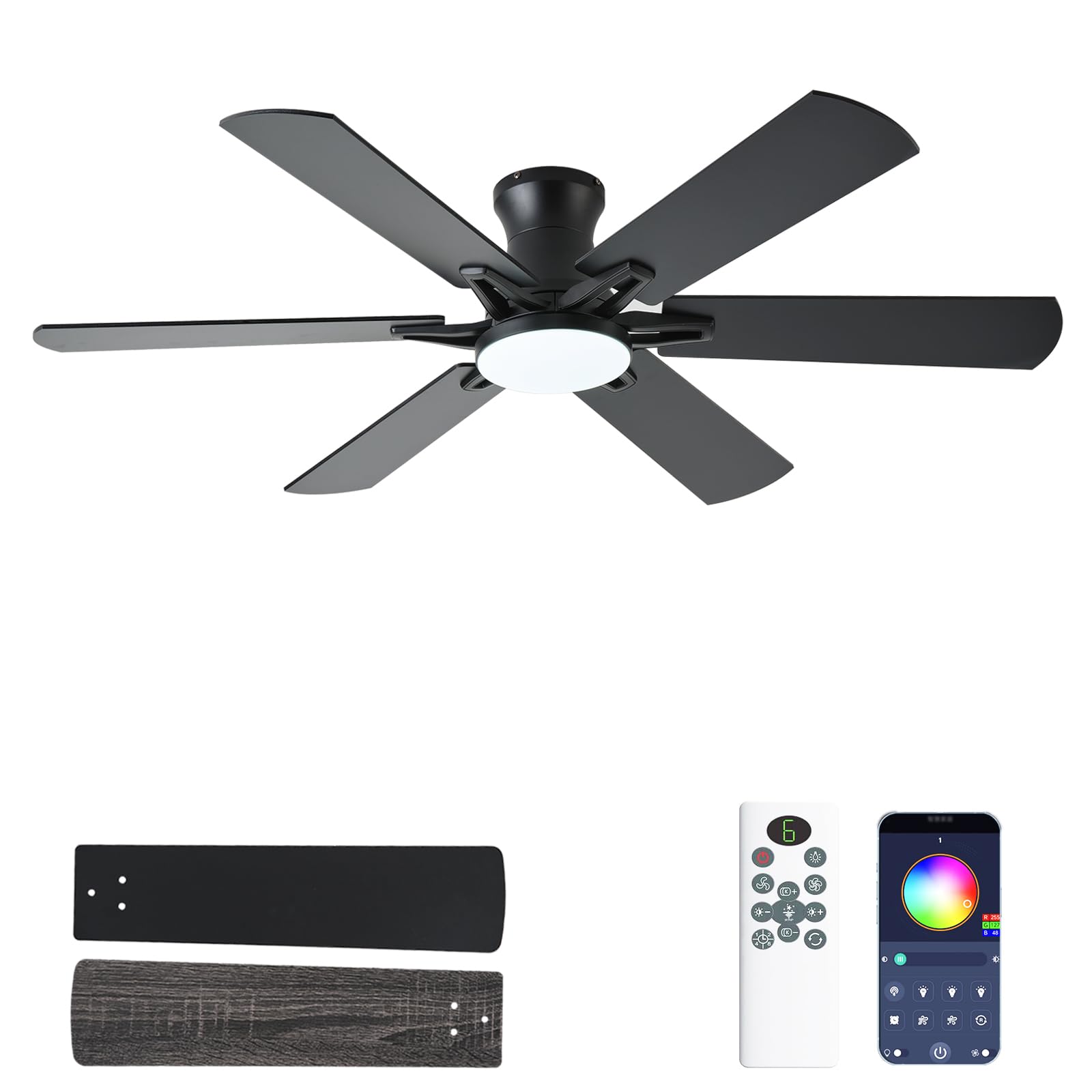 Photo 1 of lspmke Ceiling Fans with Lights, 52 Inch Low Profile Ceiling Fan with Light and Remote, Flush Mount, Quiet, Reversible, 3CCT, Dimmable, Black RGB Ceiling Fan for Bedroom, Living Room, Indoor/Outdoor