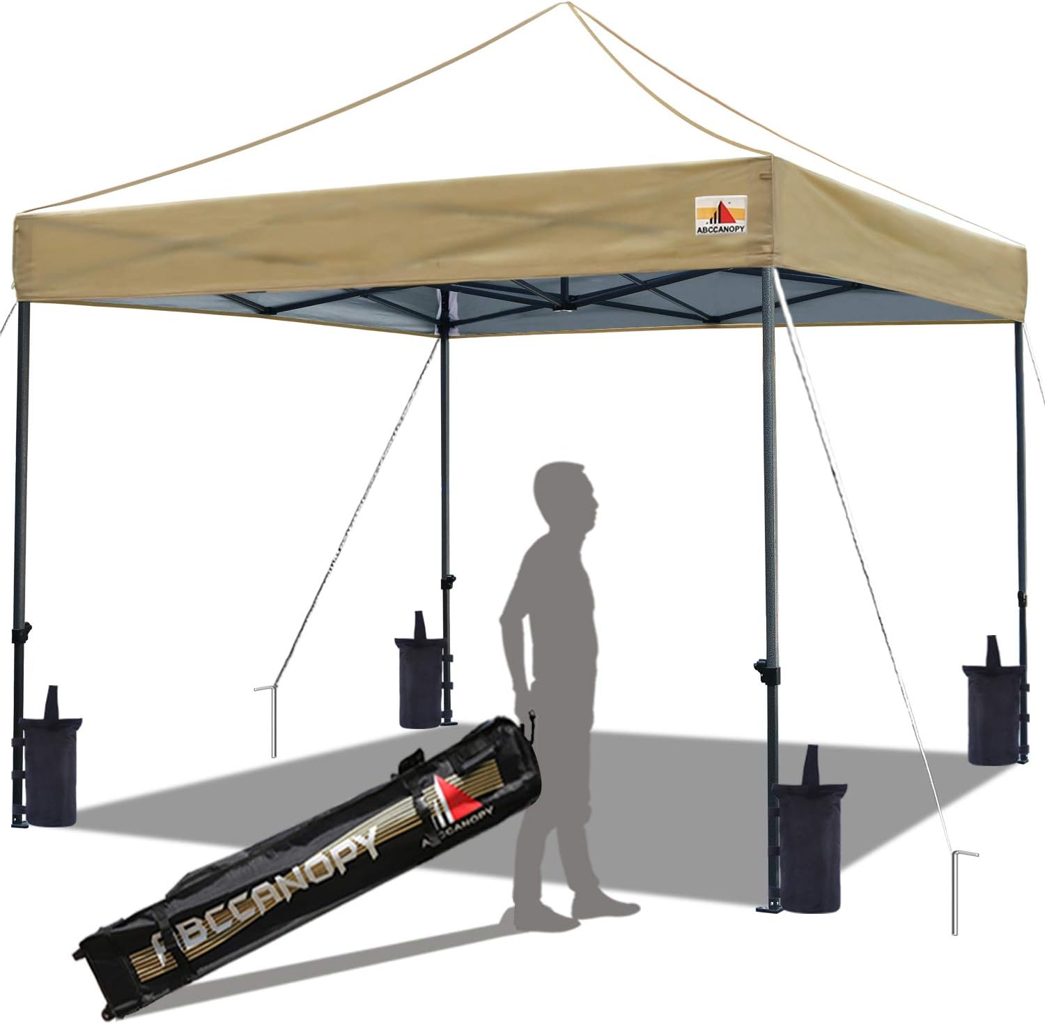 ABCCANOPY Popup Canopy 10x10 Outdoor Canopy Tent Commercial Canopy Instant Shelter Bonus Wheeled Carry Bag,Sandbags,Stakes and Ropes,Khaki