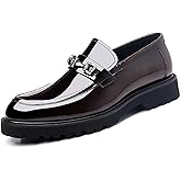 Men's Comfort Platform Chunky Slip-On Loafers, Fashion Metal Chain Shiny Patent Leather Business Casual Dress Shoes, Non-Slip Toe Lug Sole Driving Loafers