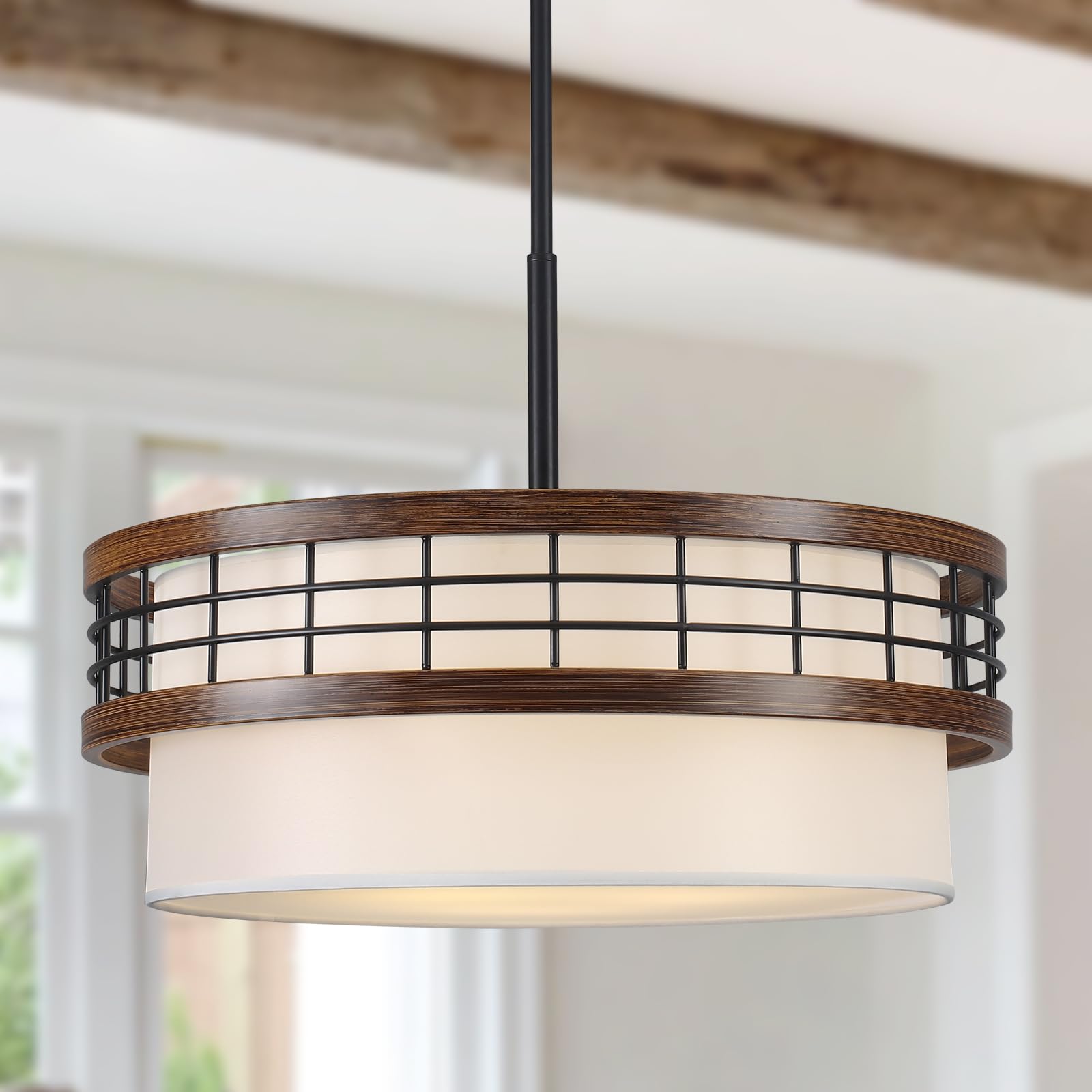 Photo 1 of 18" Drum Chandelier, 3-Light Modern Farmhouse Chandelier, Large Black and Wood Texture Pendant Light Fixture for Dining Room Kitchen Island Foyer Entryway Bedroom