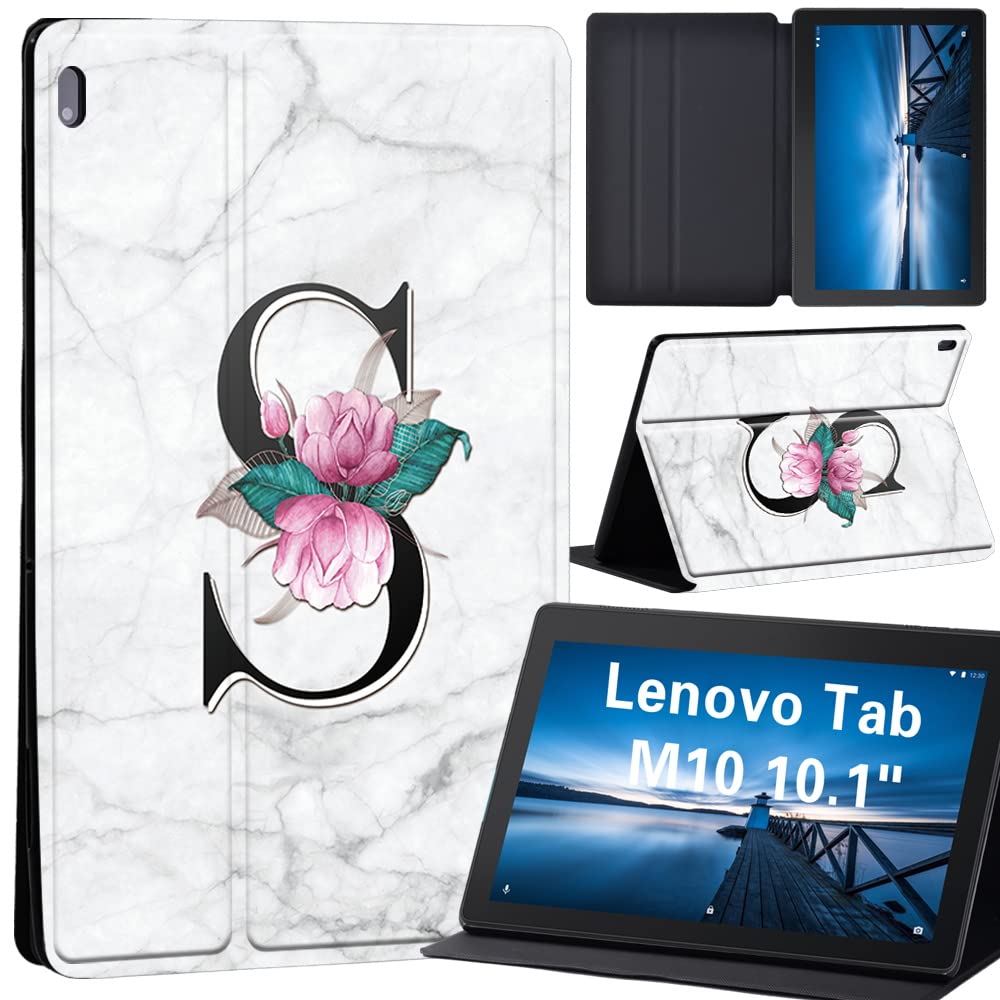 Case for Lenovo Tab M10 TB-X605F/ TB-X605L/ TB-X505F/ TB-X505L - Leather Stand Cover Case for Lenovo Tab M10 10.1-Inch Tablet (letter S on white marble)