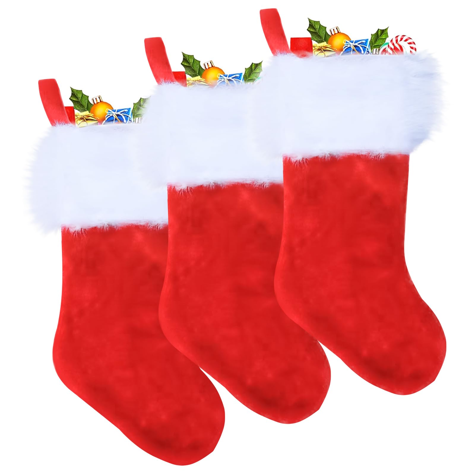 POPOYU 3Pcs Luxury Plush Red Christmas Stockings Set,Extra Thick Red Velvet Large Christmas Socks with White Soft Plush Cuff,Hanging Sack Xmas Fireplace Decorations for Christmas Home Party Supplies