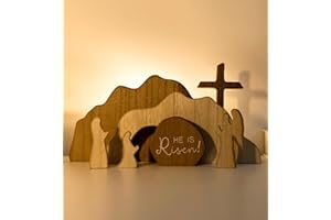 【He is Risen】Empty Tomb Scene Spring Easter Decorations, 7pcs Wooden Easter Resurrection Scene Cross Jesus Tomb Tray Set, Tab
