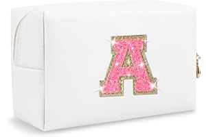 CHAOGREAT Small Personalized Initial A-Z Patch Makeup Bag,White Cute PU Leather Glitter Letter Cosmetic Bag for Teen Girls,Travel Toiletry Bag with Zipper,Preppy Monogrammed Birthday Gift for Daughter Niece A