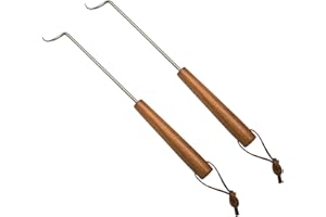 PEPKICN 15 Inches Food Flipper - Stainless Steel BBQ Meat Turner Hook with Wooden Handle for Grilling & Smoking (2 Pack Right-Handed)
