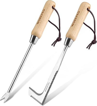 WORKPRO 2-Piece Weed Remover Tool with Wood Handle & Serrated Edge