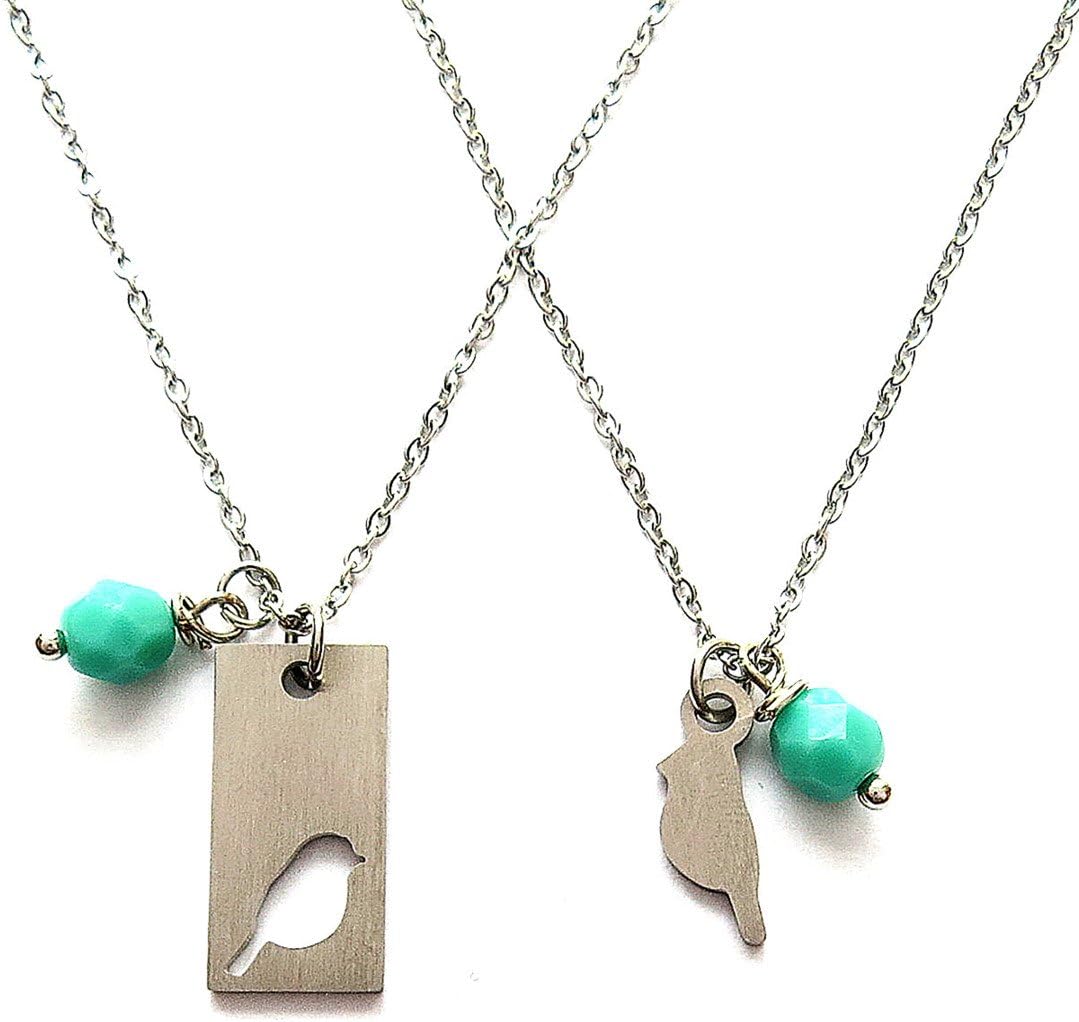 DJwindfy Mother's Day Gift Mother Daughter Necklace Set Little Bird Stainless Steel Necklace Set with Aqua Blue Glass Beads Mother Daughter Gift