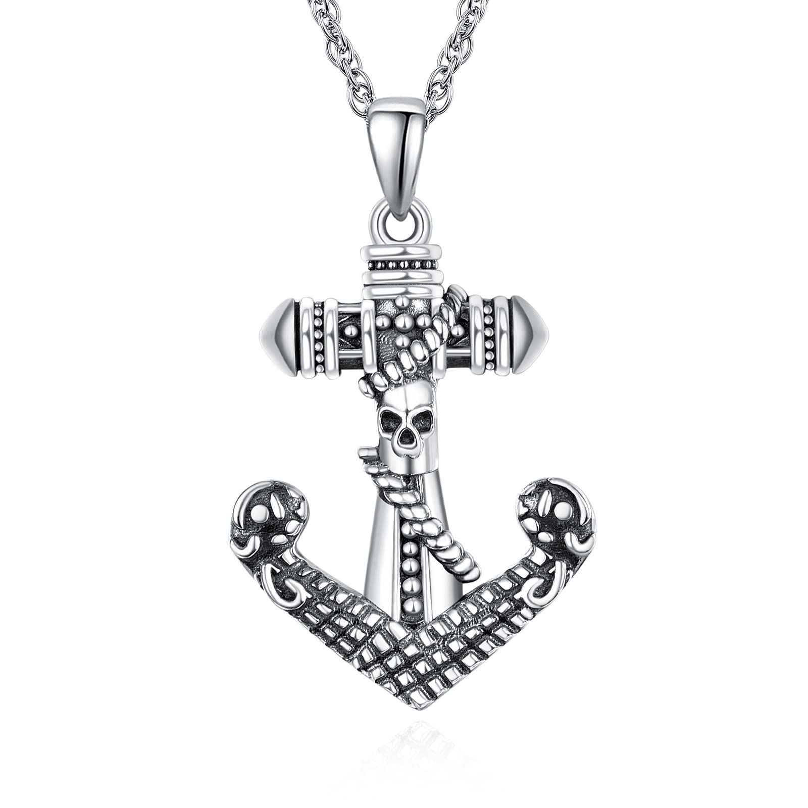 KINGWHYTE Anchor Necklace 925 Sterling Silver Nautical Cross Pirate Skull Vintage Pirate Pendant Anchor Jewellery Gifts for Men Women