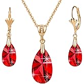 EVEVIC Austrian Crystals Teardrop Pendant Necklace Earrings for Women 14K Gold Plated Hypoallergenic Leverback Drop Dangle Earrings Jewelry Set