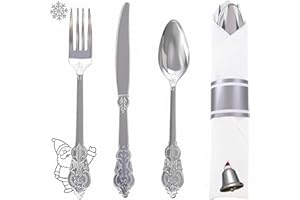 WELLIFE 50 Pack Silver Plastic Silverware,Christmas Utensils, Wrapped Silverware Set Disposable,Include 50 Forks, 50 Knives, 50 Spoons and 50 Napkins, Disposable Cutlery for Party and Christmas