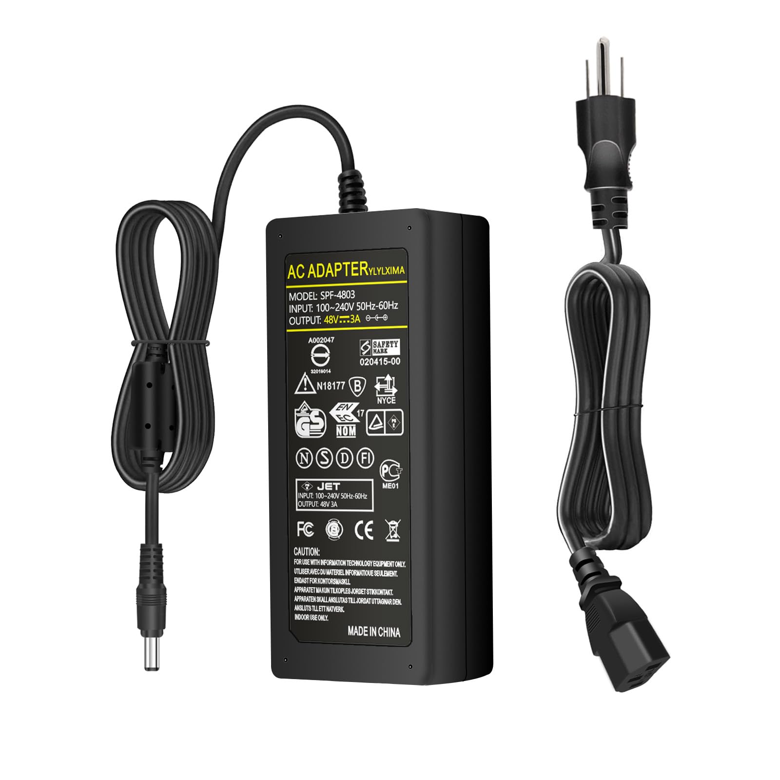 Photo 1 of YLYLXIMA 48V 3A Power Supply Adapter AC 100-240V to DC 48V 3A 144W Switching Charger 5.5 X 2.5mm US Plug Transformer for POE Switch, CCTV Camera,LED Light