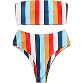 SweatyRocks Women's Bathing Suits Striped Bandeau Bikini high Waisted Swimsuits Swimwear Set