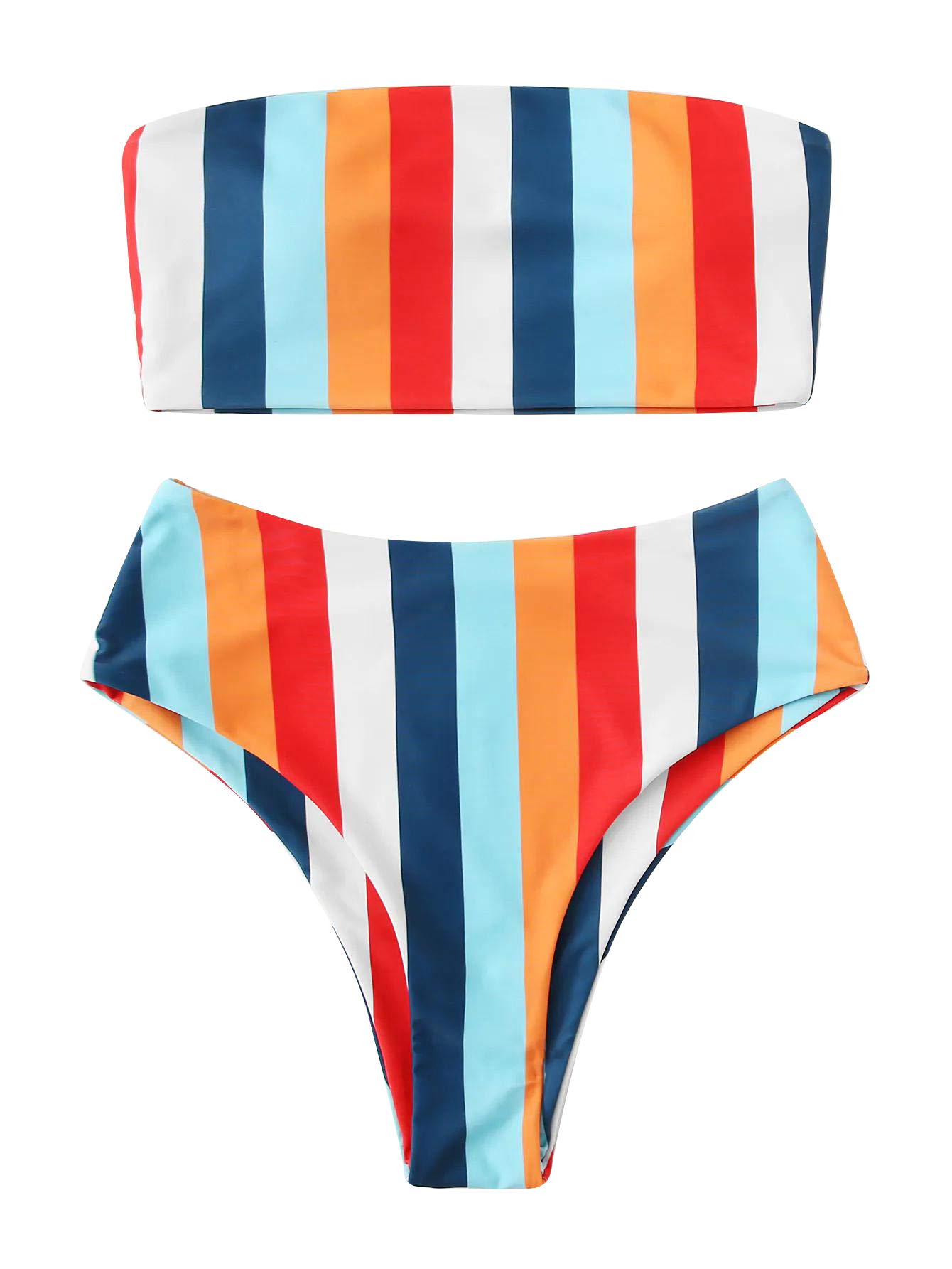 Photo 1 of SweatyRocks Women's Bathing Suits Striped Bandeau Bikini high Waisted Swimsuits Swimwear Set Multi-3 Medium