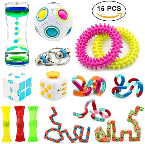 15 Pack Increase Focus Relieves Stress Bundle Sensory Fidget Toys-Fidget Chain/Cube/Ring,Infinity Cube,Liquid Motion Timer,Wacky Tracks Snap ADD ADHD Toy for Kid and Adult