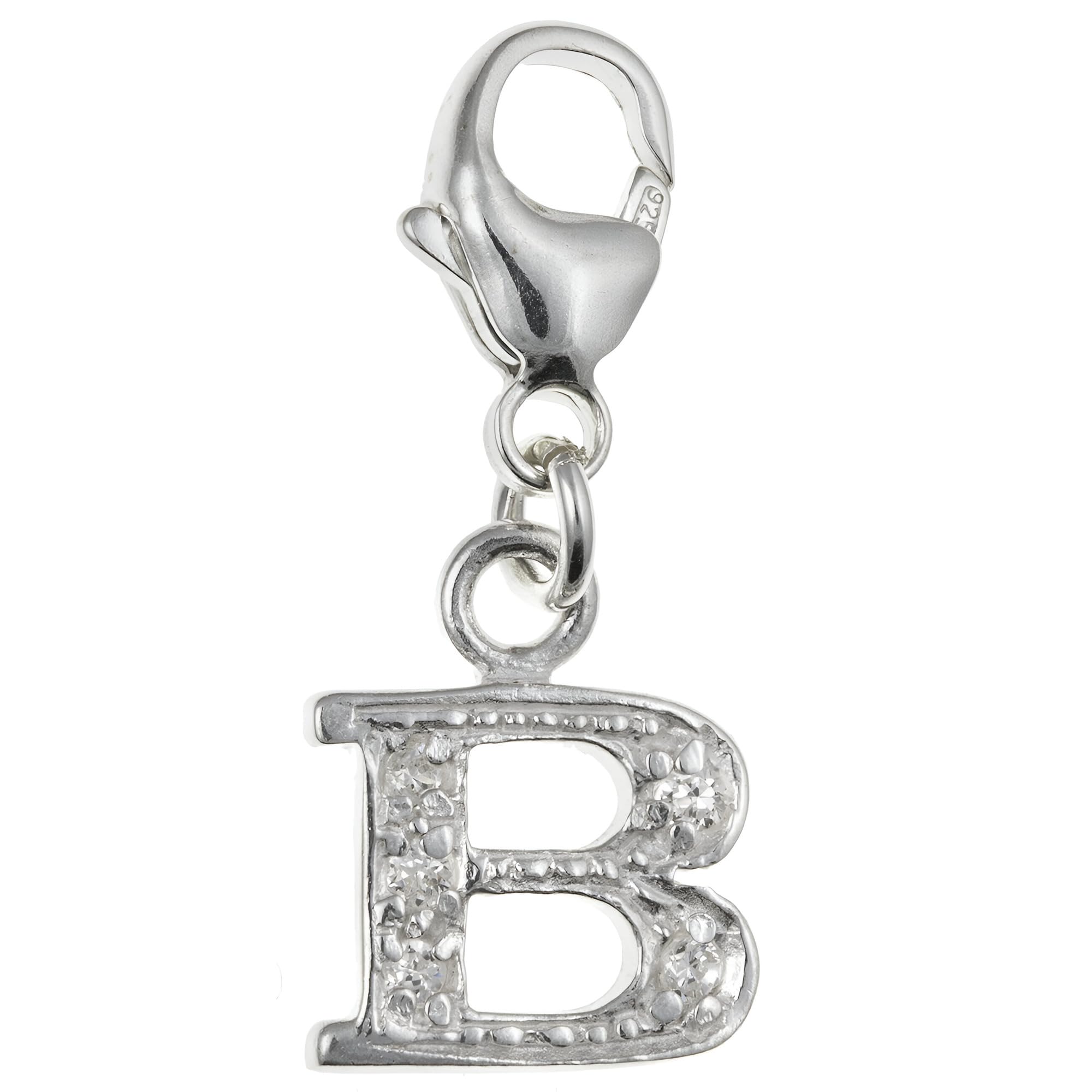 Capital Letter B Alphabet Initial 925 Sterling Silver Clip On Charm Pendant with CZ Cubic Zirconia Stones for Women - Letter Charms Compatible with Thomas Sabo Charms Bracelet Necklace