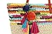 Daisy Rose Large Straw Beach Tote Bag with Pom Poms and Inner Pouch -Vegan Leather Handles, Bright Multi Color