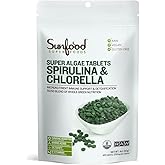 Sunfood Chlorella Spirulina Tablets - Spirulina and Chlorella Powder Pills, Green Algae Supplement Rich in Chlorophyll, Broken Cell Wall, Vegan - 4 oz Bag