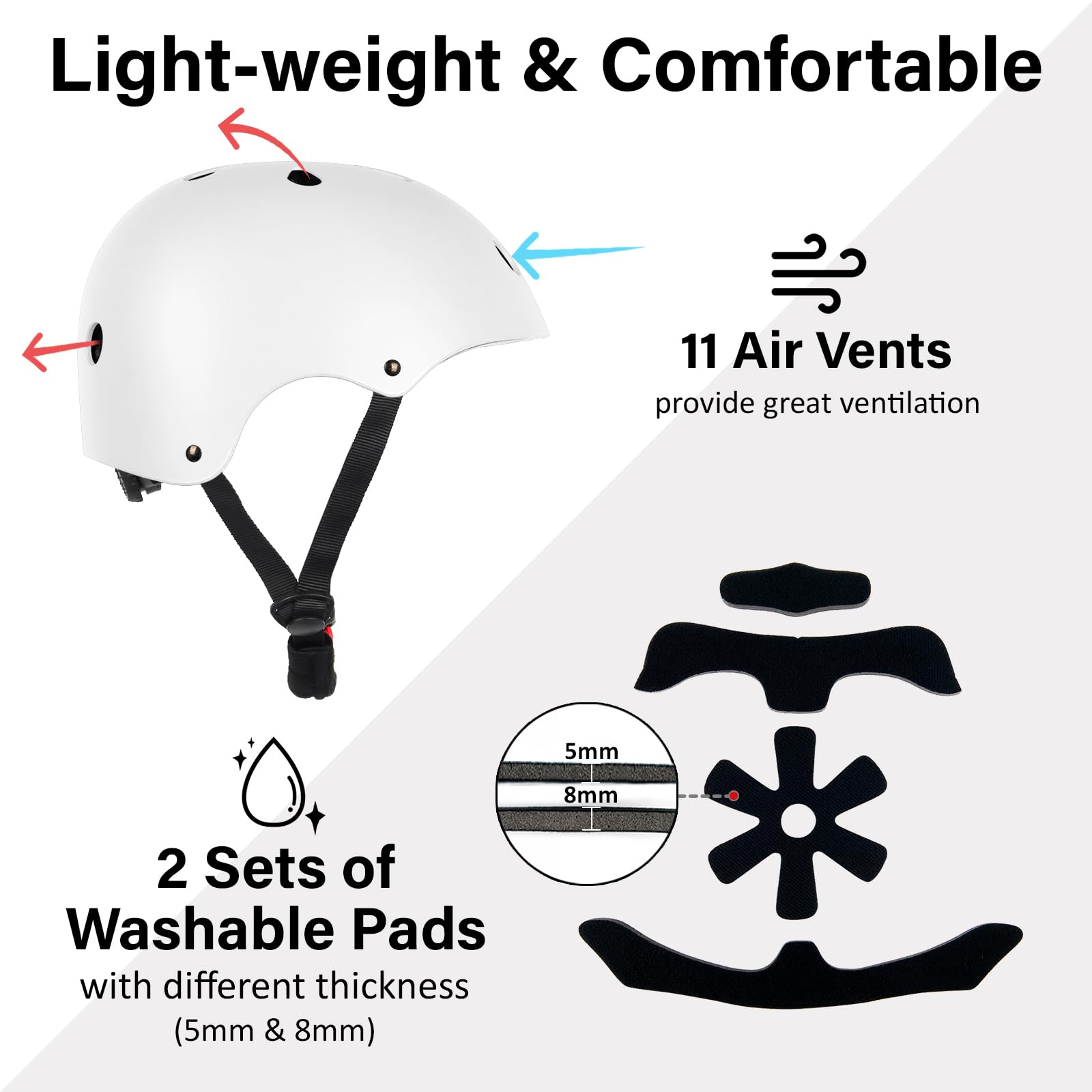 Skateboard Bike Helmet, Lightweight Adjustable, Multi-Sport for Bicycle Skate Scooter, 3 Sizes for Adult Youth & Kids