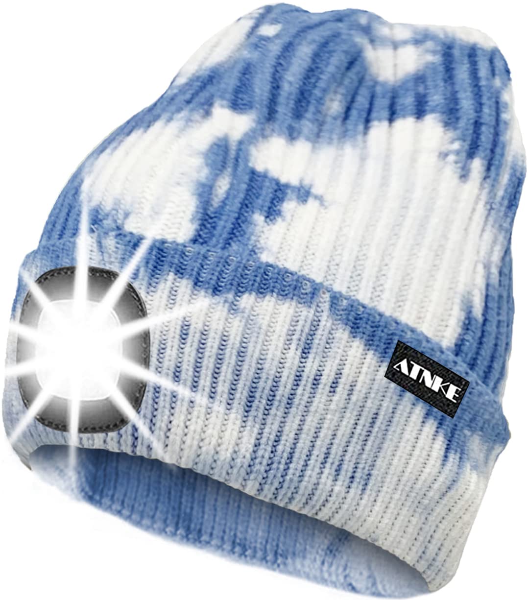 ATNKE LED Lighted Beanie Cap,USB Rechargeable Running Hat Ultra Bright 4 LED Waterproof Light Winter Warm Gifts for Men and Women/Tie Dye Blue