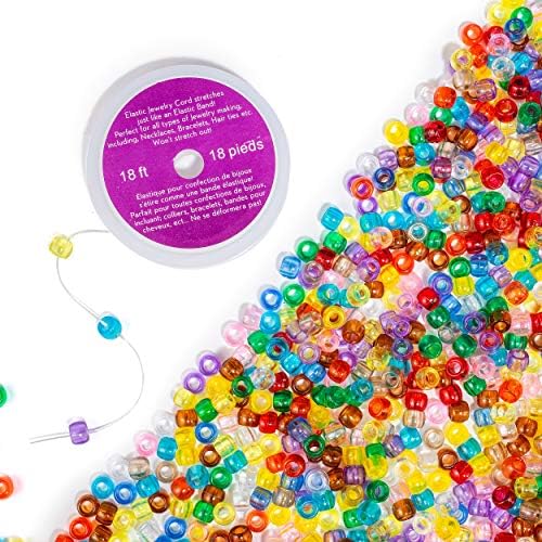 Colorful Beads, Bead for Jewelry and Crafts Making, 1000 Pack – with Elastic Crystal String Cord, 18 Ft - for Jewelry, Bracelet, Necklace Making, Fun Set (Transparent Multicolor)