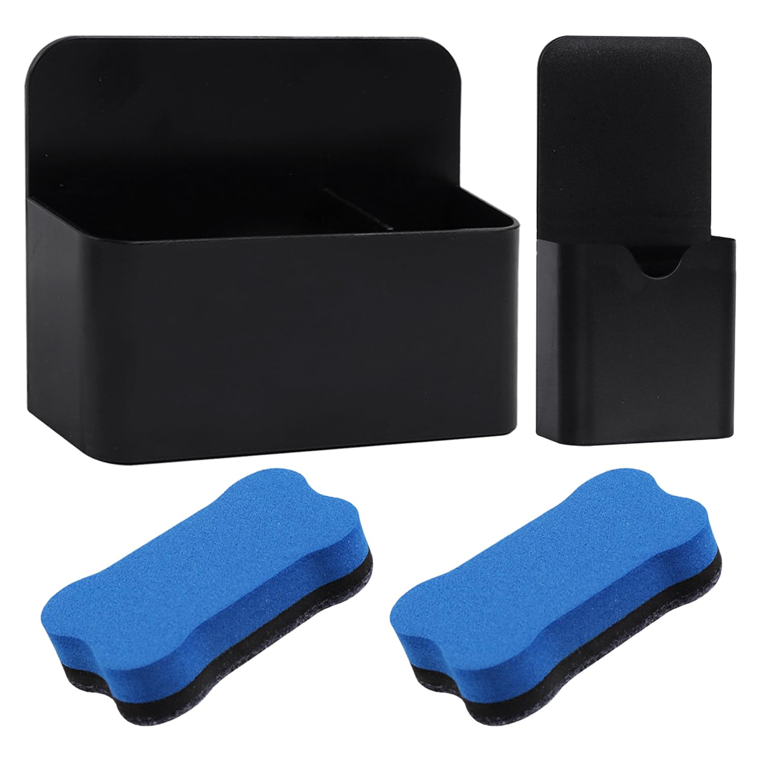 2 Pieces of Black Magnetic Pen Holders and 2 Pieces of Erasers, Magnetic Storage Box, Whiteboard Pen Holder, Storage Cabinet Accessories, Suitable for Refrigerators, Cabinets and Whiteboards, Etc.