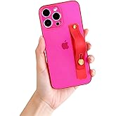 siduater Case for 6.7" iPhone 12 Pro Max with Wrist Strap Kickstand, Shockproof Translucent PC Back Cover + Soft TPU Bumper with Adjustable Hand Grip Loop for iPhone 12 Pro Max 6.7 Inch, Neon Magenta