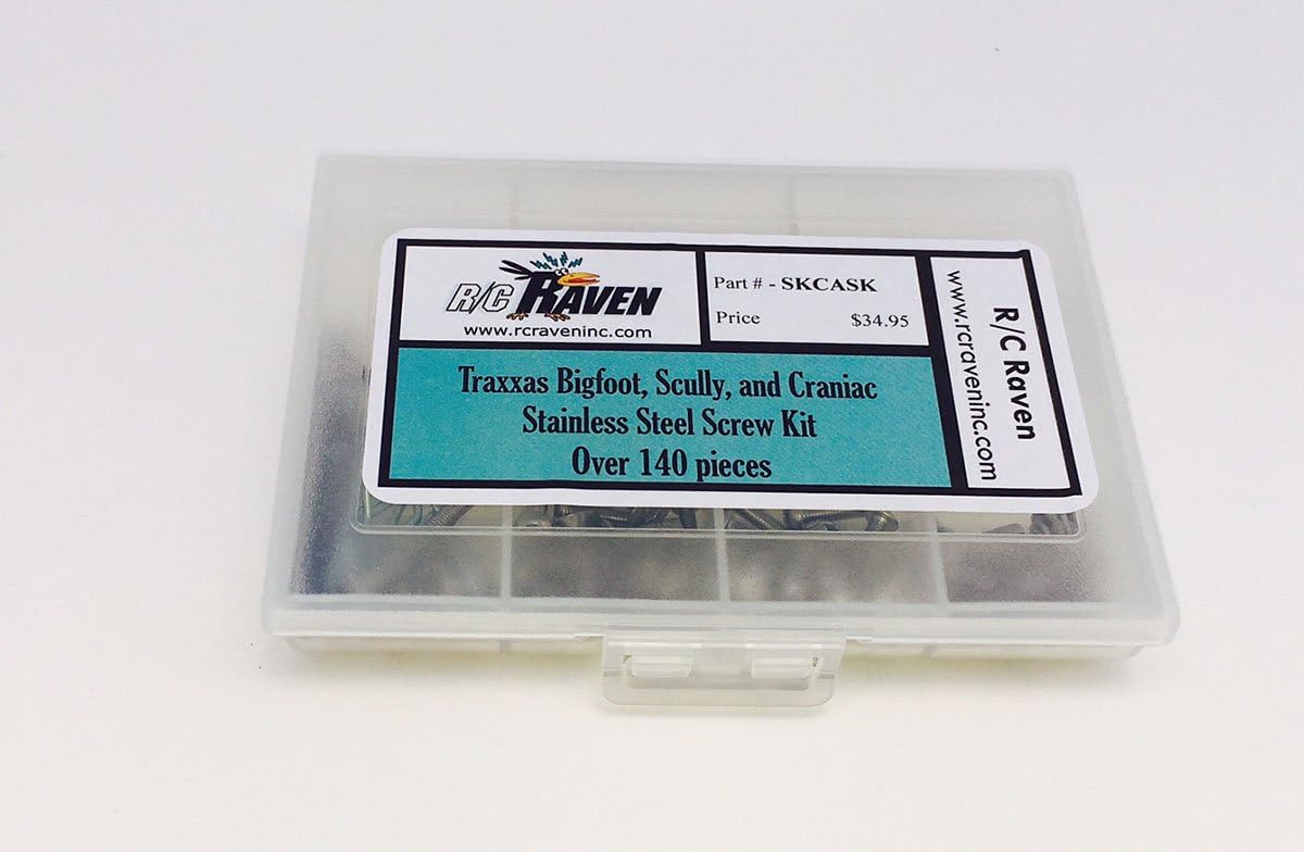 RC Screw Kit for Traxxas Bigfoot, Skully and Craniac with Over 140 Pieces Stainless Steel RC Car Tool Kit Including Head Screws, Nuts, washers and Set Screws- RC Screws and RC Parts Kit by RC Raven