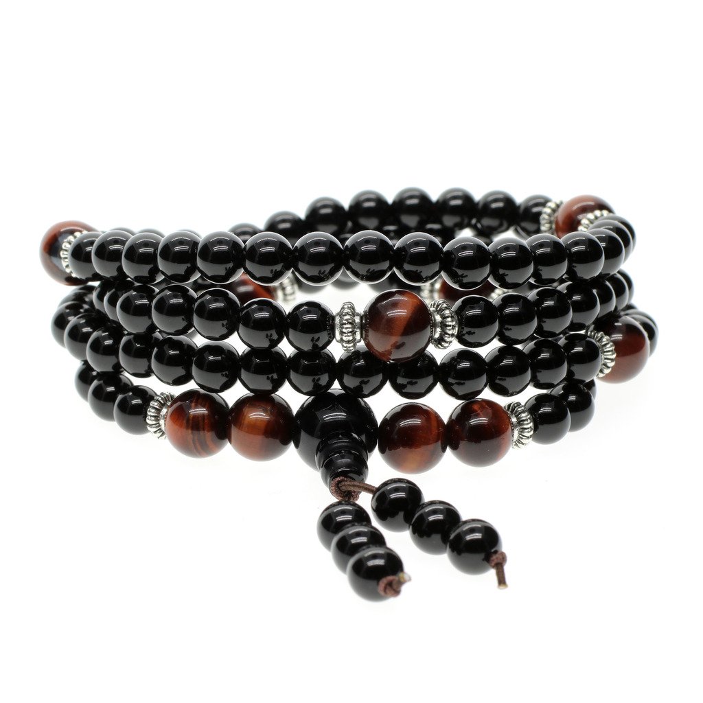 COAI® Buddhist Prayer Bracelet/Necklace - Semi-Precious 6mm Onyx Beads & 8mm Red Tiger Eye Bead - Stretch Bracelet for Men & Women, Statement Necklace