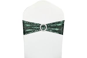 LIZIMI 10 Pcs Sequin Chair Sashes Stretch Chair Bands Dark Green Spandex Polyester Bows for Party Hotel Wedding Banquets Decoration - Hunter Emerald Green