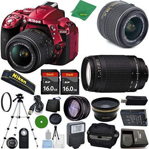 Nikon D5300 Red - International Version (No Warranty), 18-55mm f/3.5-5.6 DX VR, Nikon 70-300mm f/4-5.6G, 2pcs 16GB Memory, Camera Case, Wide Angle, Telephoto, Flash