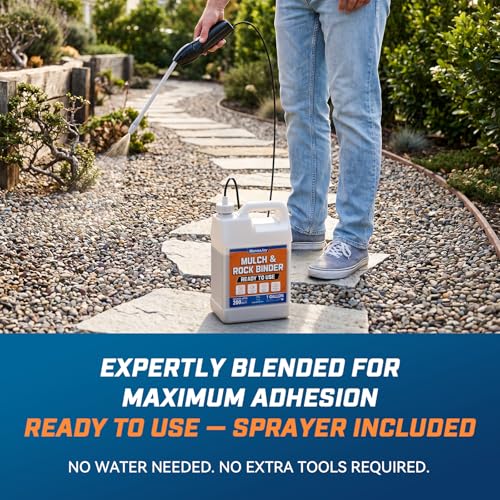 Mulch and Rock Glue for Landscaping with Electric Sprayer, 1 Gallon Ready-to-Use Gravel Glue, Weather-Resistant Outdoor Mulch Binder for Pea Gravel, Pebbles, River Rock, Patios, Gardens, Walkways