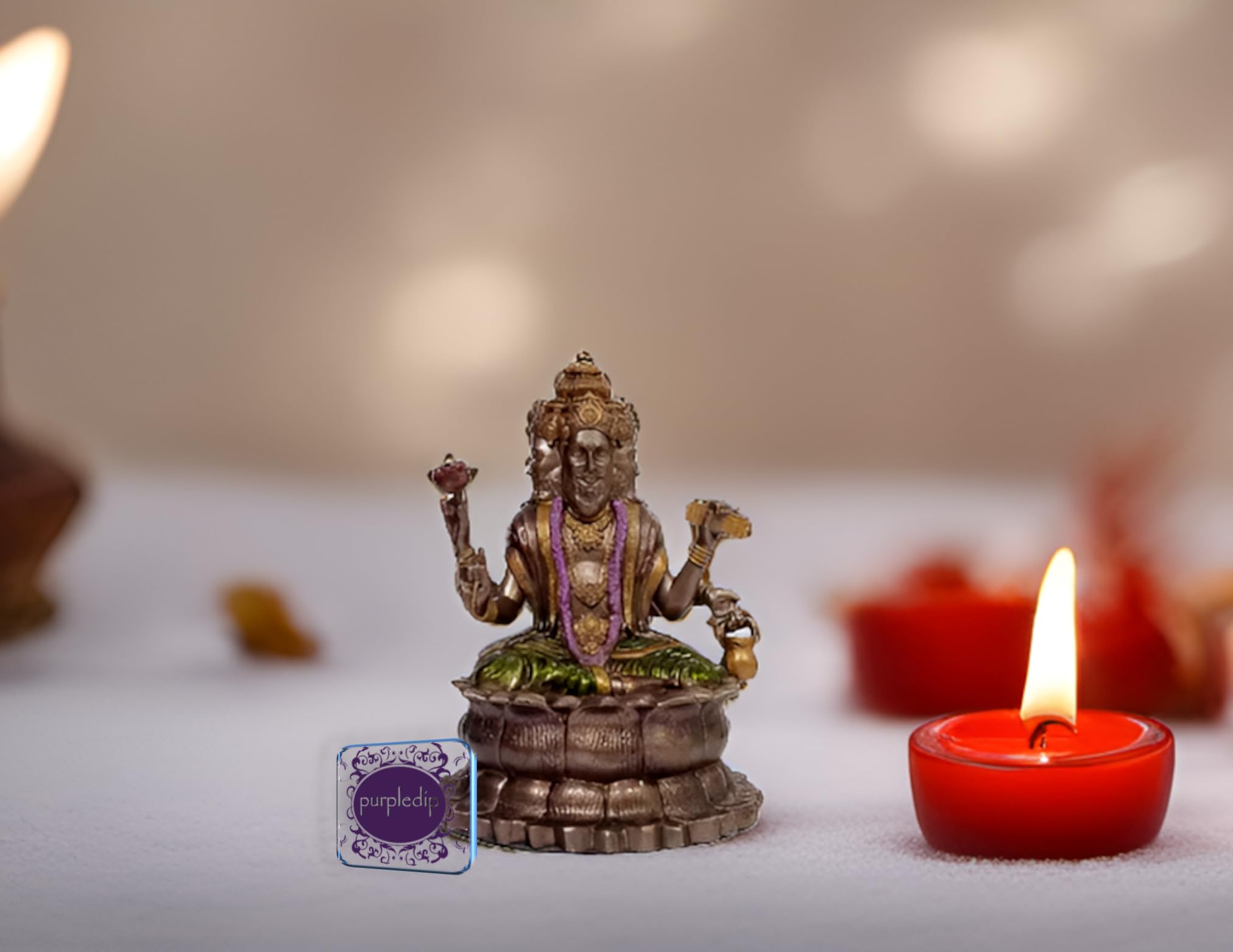 Purpledip Resin Idol Brahma Four Heads (Thai Phra Phrom) Sitting In Padamasana On Lotus: Rare Collection Statue (12580)