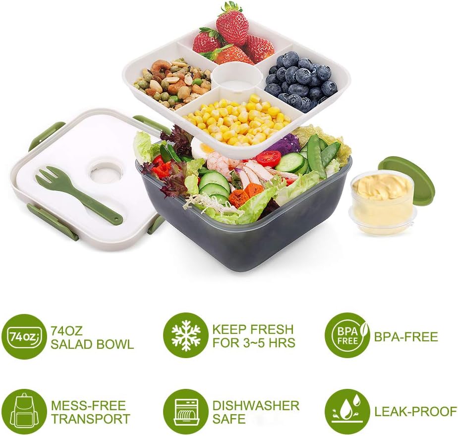  | Rassody 74 OZ Salad Container To Go for Lunch with Ice Pack, Dressing Cup and 4 Compartments for Salads Toppings, Snacks, Fruits, Built-In Fork, Large Mixing Bowl, Leak-Proof, Reusable and BPA-Free: Salad Bowls