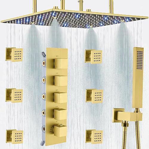 AYIVG Brushed Gold Thermostatic Shower System LED 16 inch Rainfall ...