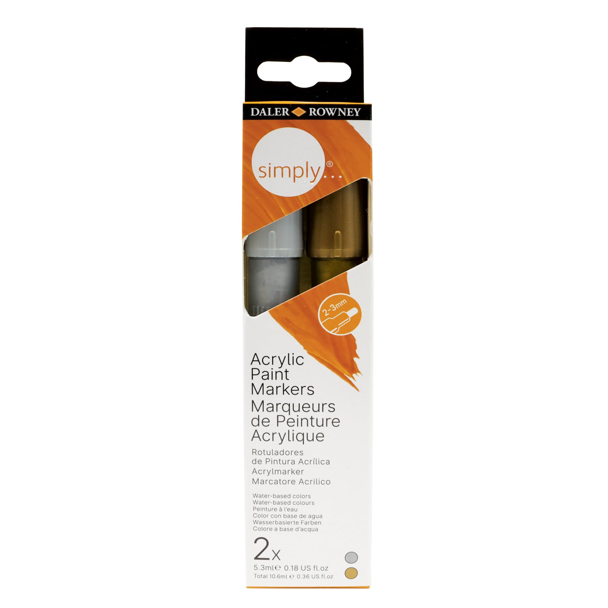 Daler-Rowney Simply Acrylic Marker Pen Set, 2 x Pens, Gold & Silver, Multi-Surface, Water-Based, 2-3mm Tip, For Entry-Level Artists & Hobbyists
