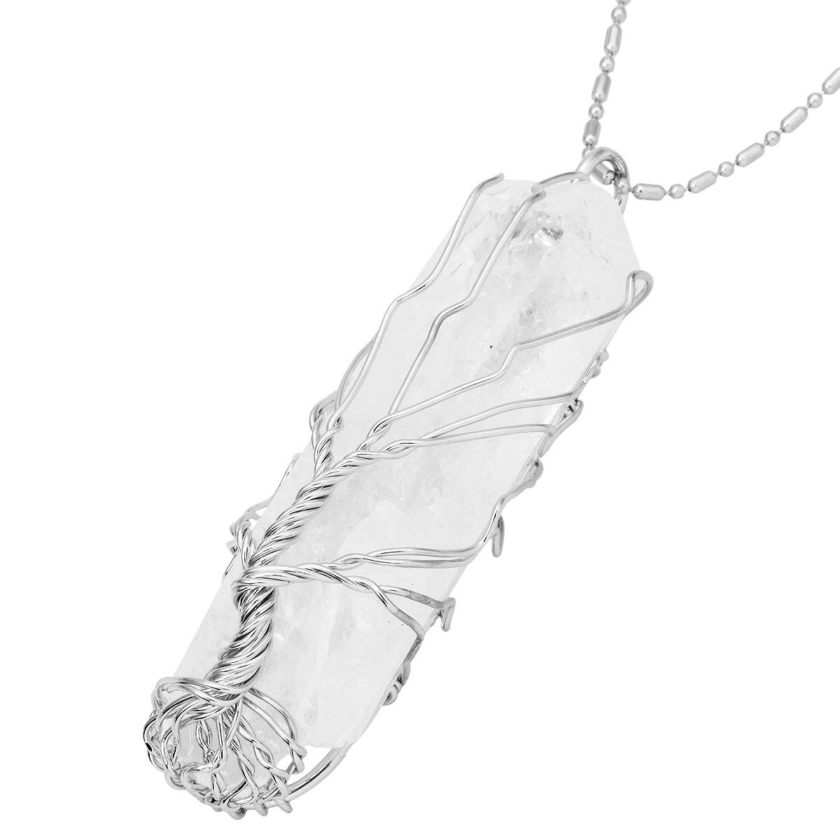 mookaitedecor Natural Healing Crystal Clear Quartz Tree of Life Necklace Women Men, Silvery Wire Wrapped Pendant Semi Precious Stone Crystal Point Necklace Reiki Raw Crystal Necklace Jewellery Gift