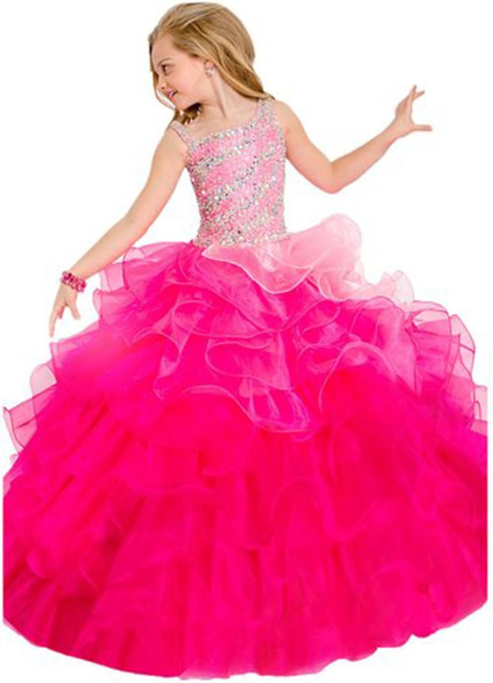 Wealth Girls Beaded Stones Spaghetti Ombre Ruffled Ball Gown Pageant Dresses
