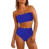 Pink Queen Women 2 Piece Bandeau Swimsuits Strapless Textured Bikini Set High Waisted Bathing Suits