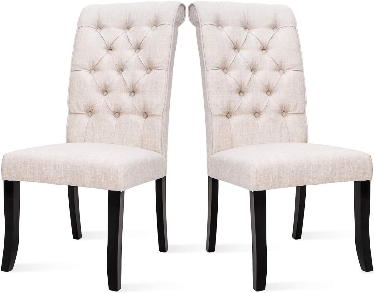 Norcia Velvet Fabric Dining Chairs (Set of 2), Modern Button Tufted Kitchen Chairs, Padded Side Chairs with Solid Wood Legs Dining Room Chair (White)