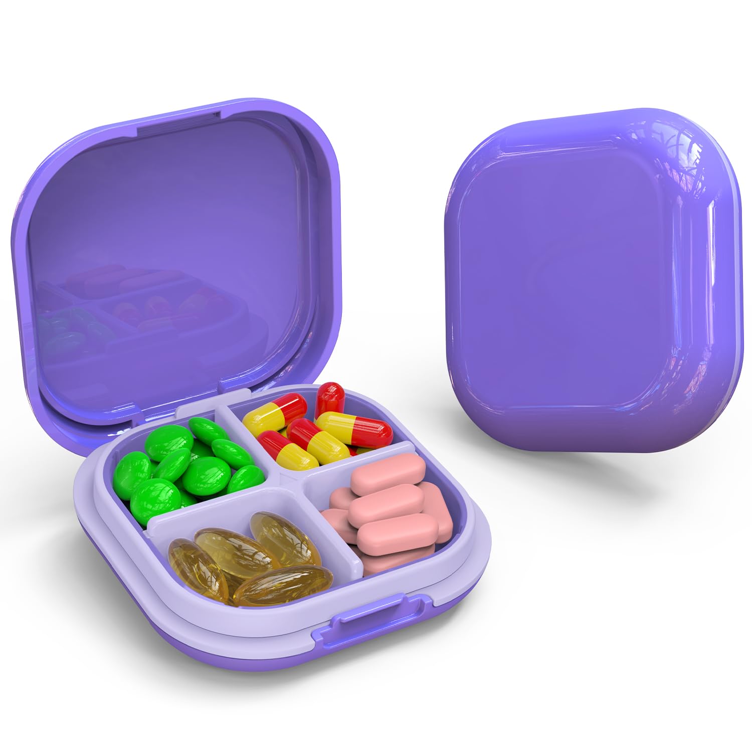 Photo 1 of Daily Pill Organizer 4 Compartments, Small Pill Box Portable Travel Pill Case, Mini Pill Container for Purse Pocket, Compact Travel Medicine Organizer for Vitamin, Cod Liver Oil, Supplement (Purple)