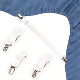 Bcvmuto Adjustable Elastic Sheet Straps, Anti-Slip Corner Grips 4 PCS White | Nickel-plated metal clips &amp; adjustable elastic straps: non-slip, wrinkle-free sheets; fits all beds, no-flip quick install.