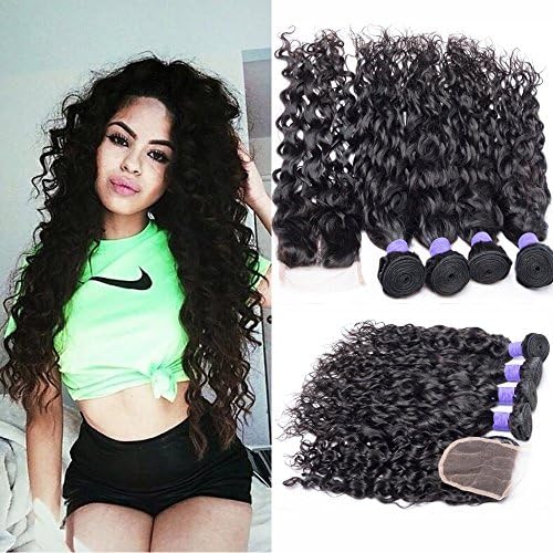 Guangxun Hair 7A Water Wave 4 Bundles With 4x4 Free Part Lace Closure Unprocessed Brazilian Virgin Hair Bundles With Lace Closure Natural Color 18 20 22 22 with 16 inch