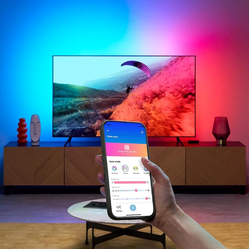 HDMI Sync Box avec rétroéclairage TV – Synchronise les lumières avec vos films, jeux et musiques – Ruban LED RGBIC pour TV de 75 à 85 pouces – Contrôle via application – Compatible Google et Alexa