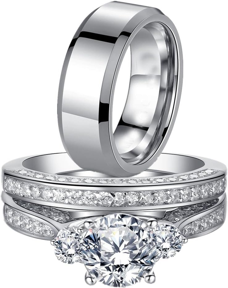 His and Hers Wedding Ring Sets 3 Stone Womens Silver CZ Ring Set and Mens Stainless Steel Matching Wedding Band