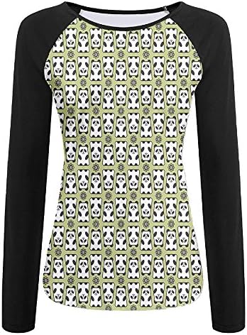 Weiding Geometrical up and Down Panda Pattern Daisy Flowers Cute Funny Bears Women's Stretchy Long Sleeve Raglan Tshirt M