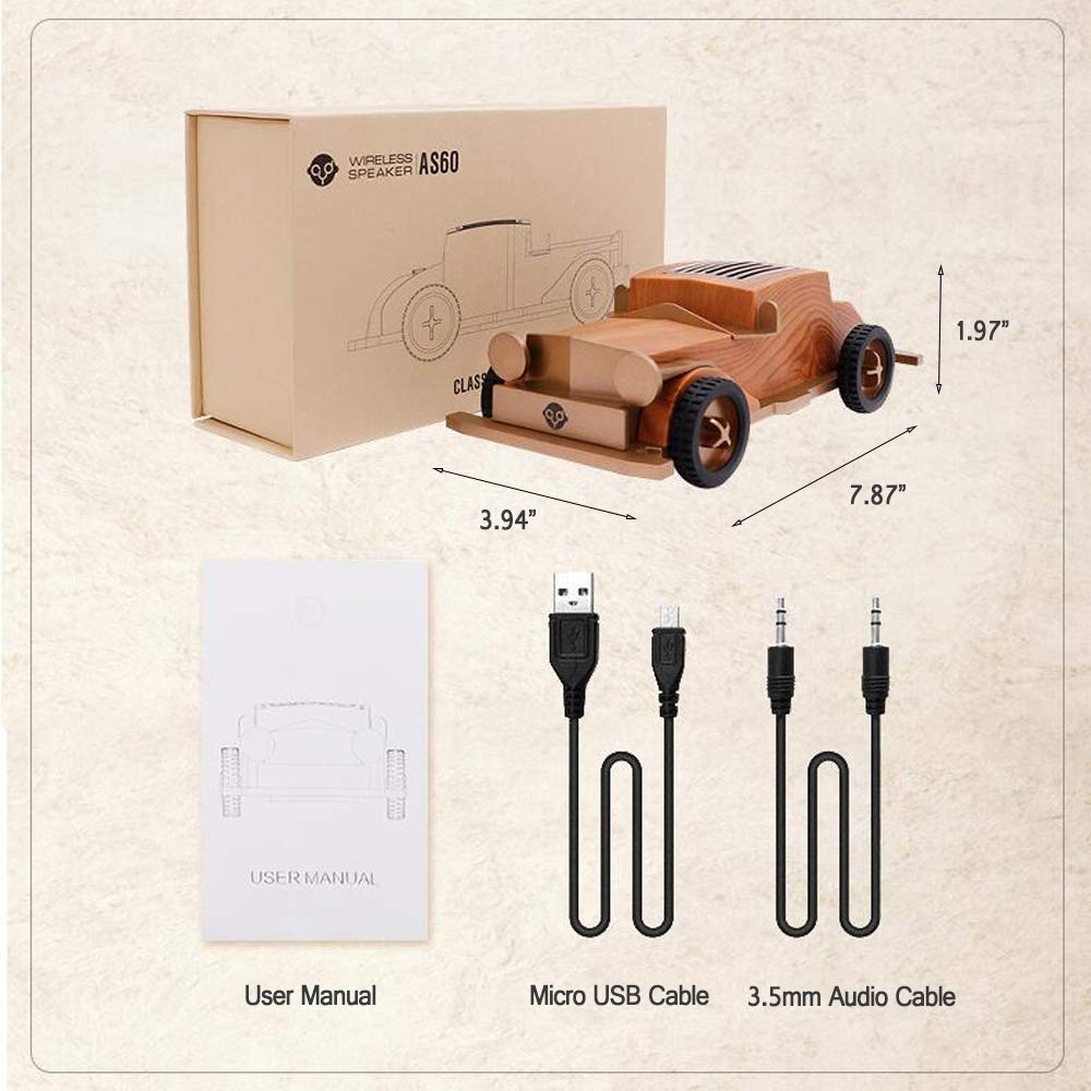 WALTSOM Wooden Wireless Speaker, Retro Car Shape BT4.2 Bluetooth Speaker with Built-in Mic, Hand-Free, 3.5mm Audio Aux Input, USB TF Card Speaker for Home, Office, Party, Travel, Outdoor (Light Wood)