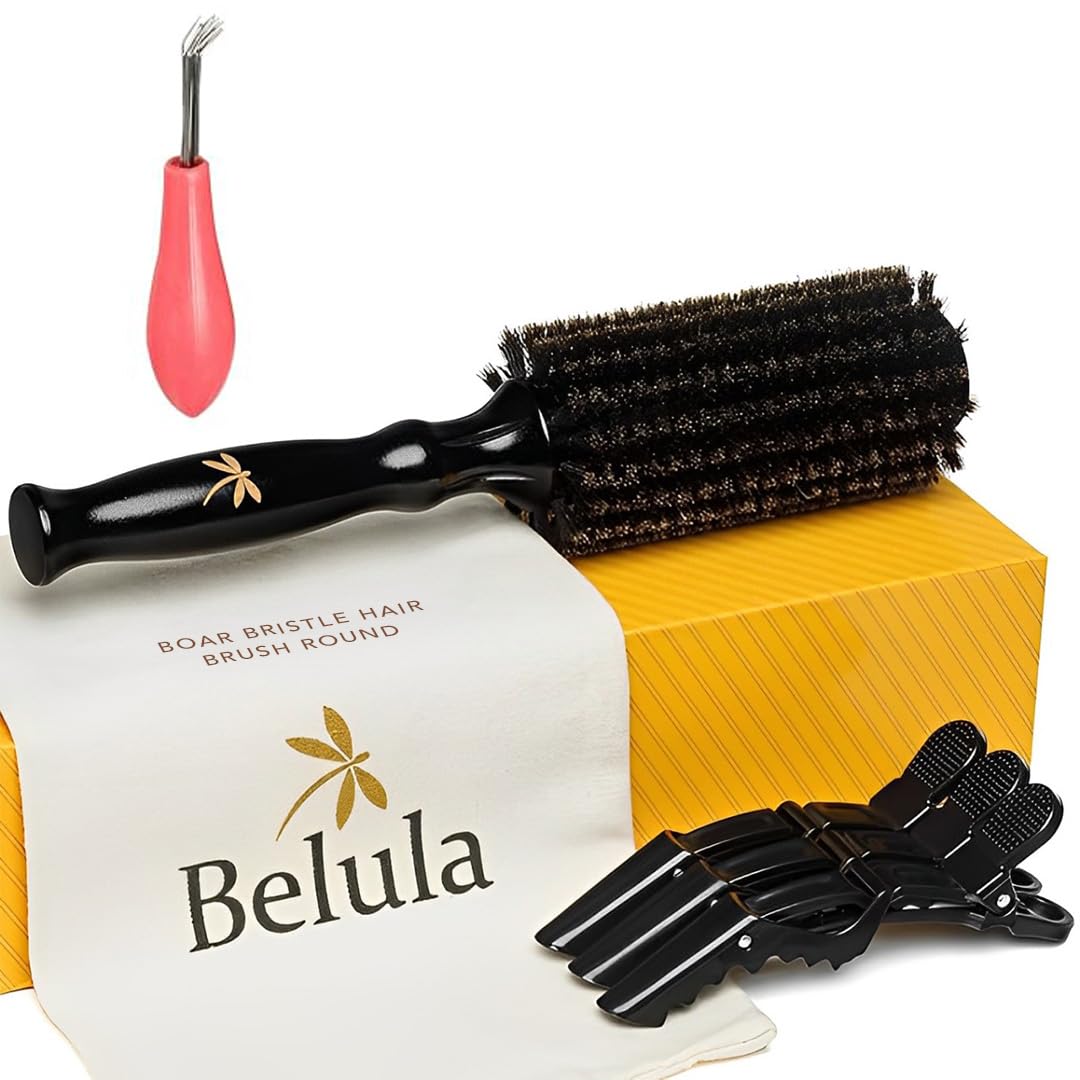 Photo 1 of Belula 100% Soft Boar Bristle Round Brush for Blow Drying Set. Round Hair Brush With Large 2.4” Wooden Barrel. Hairbrush Ideal to Add Volume and Body. Free 3 x Hair Clips & Travel Bag
