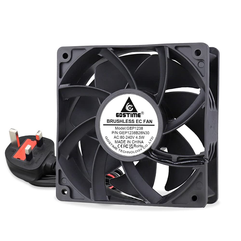 GDSTIME 120mm 240V Cooling Fan 120mm x 38mm 220V 230V AC EC High Performance Fridge Axial Fan with UK Fused Plug, Dual Ball Bearing, 116.6 CFM Airflow for Computer Cabinet PSU Cooler Replacement